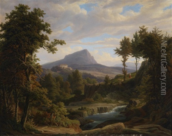 Sudliche Landschaft Mit Wasserfall Und Hochgelegenem Palast Oil Painting - Jacob Philipp Hackert