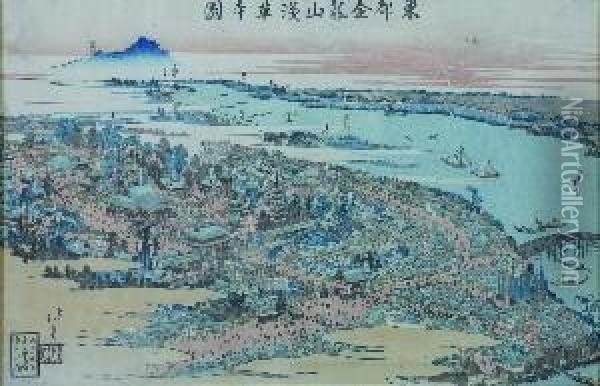 View Of The Asakusa Temple In Edo Oil Painting - Toyota Hokkei