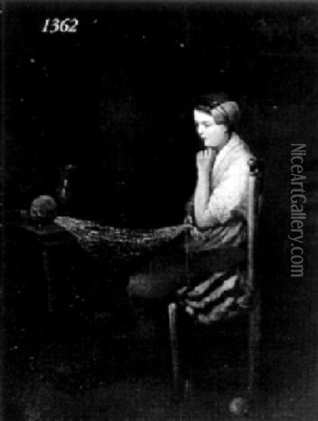 Girl Knitting Oil Painting - Sipke (Cornelis) Kool