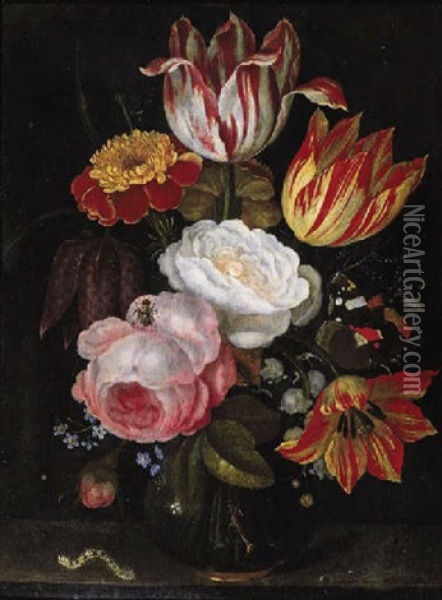 Tulips, Roses, Lily-of-the-valley, Forget-me-nots And Other Flowers In A Glass Vase With A Caterpillar, A Butterfly And A Fly On A Stone Ledge Oil Painting - Ambrosius Bosschaert the Elder