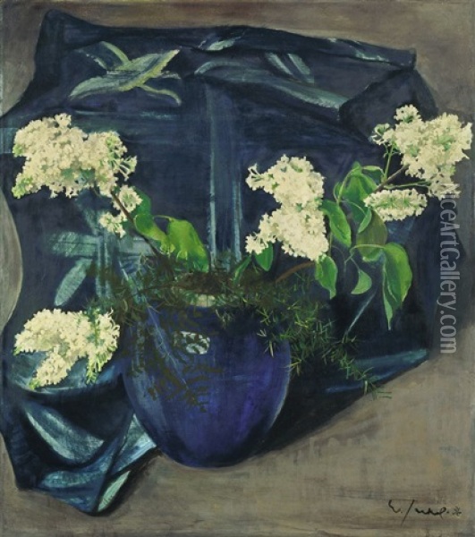 Stilleben Mit Weissem Flieder In Blauer Kugelvase Oil Painting - Willi Jaeckel