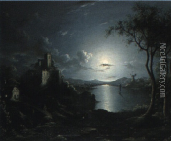 A Moonlit Wooded River Landscape With A Ruined Abbey Oil Painting - Sebastian Pether