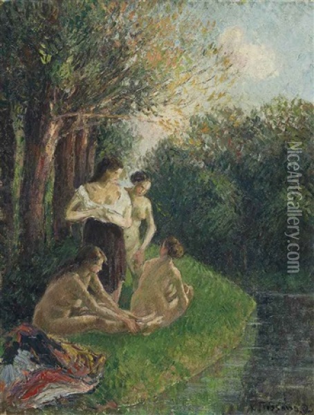 Quatre Baigneuses Discutant Au Bord De L'eau Oil Painting - Camille Pissarro