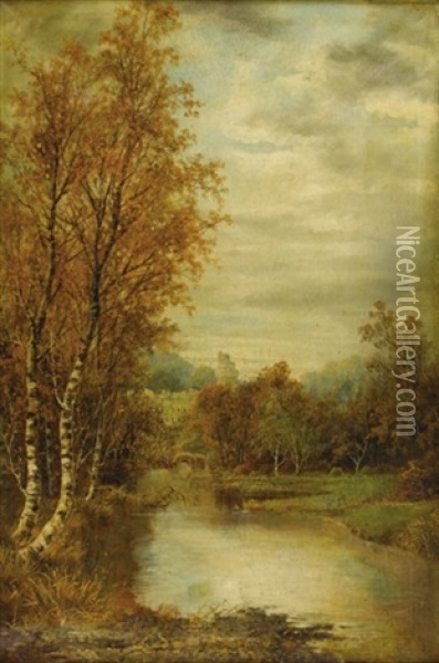 Autumn Landscape With Pond And Castle Tower Oil Painting - Alfred Augustus Glendening Sr.
