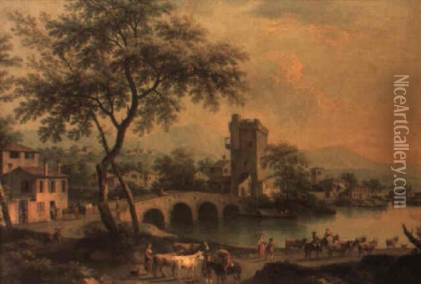 A Lakeside Town In The Veneto With Figures And Cattle On A Track Oil Painting - Giovanni Battista Cimaroli