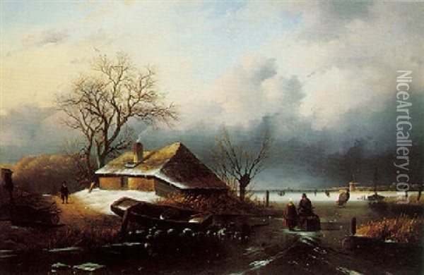 Figures Skating On A Frozen Lake Oil Painting - Alexis de Leeuw