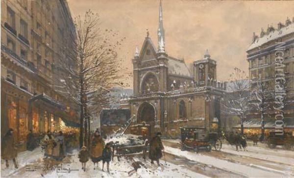 L'eglise Saint-laurent Sur Le Boulevard Magenta Oil Painting - Eugene Galien-Laloue