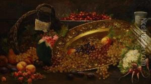 A Still Life With Grapes In A Basket And Cherries, Peaches And Plums On A Table Oil Painting - August Pollak