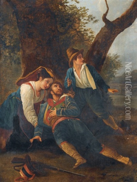 Verwundeter Brigant Mit Trachtenfrau Und Begleiter Oil Painting - Leopold-Louis Robert