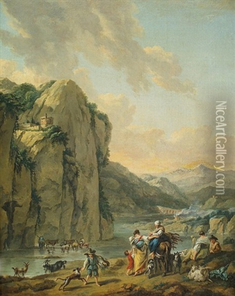 Sudliches Flusstal Mit Felsigem Steilufer Und Rastenden Hirten Oil Painting - Hendrick Mommers