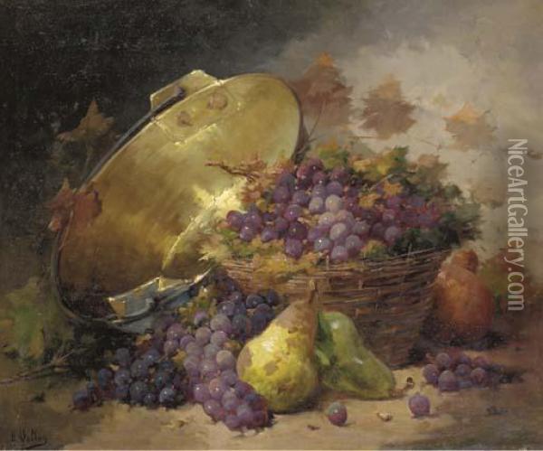 Still Life With Grapes, Pears, And Brass Pot Oil Painting - Antoine Vollon