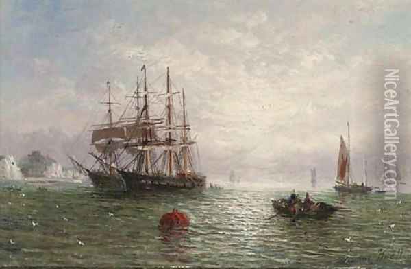 Anchored in calm waters off the coast Oil Painting - Adolphus Knell