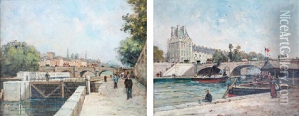 Quai De Seine, Paris (pair) Oil Painting - Gustave Mascart