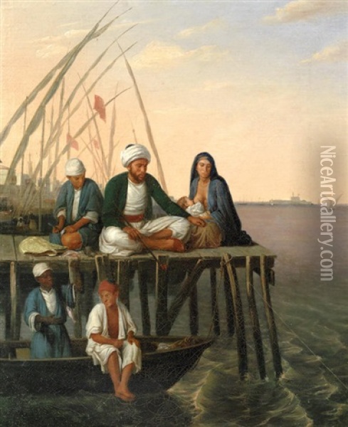 Fishing On A Pier, Alexandria, Egypt Oil Painting - Pierre Mathurin Petraud