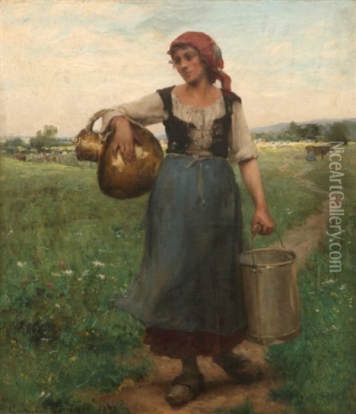 Milkmaid Returning From Her Labors Oil Painting - Georges Laugee