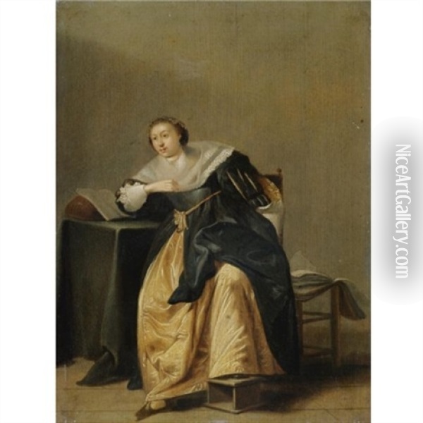 An Interior With An Elegantly Dressed Lady Seated At A Table Oil Painting - Pieter Jacobs Codde