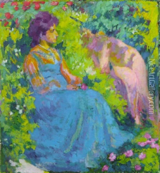 Annetta In Giardino - La Mamma Oil Painting - Giovanni Giacometti