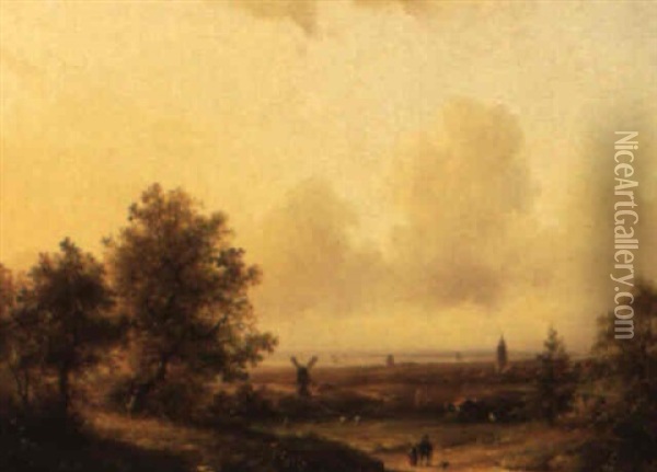 An Extensive Summer Landscape With Figures And Cattle In The Dunes Oil Painting - Lodewijk Johannes Kleijn