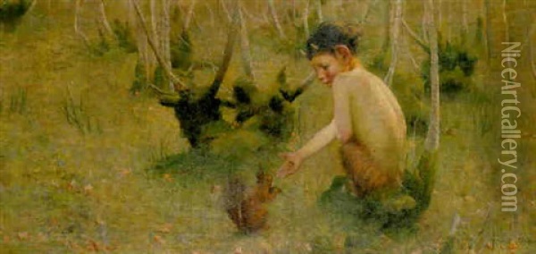 A Faun Feeding A Squirrel Oil Painting - Marianne (Preindlsberger) Stokes