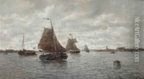 Sailing Vessels On A Busy River Oil Painting - Francois-Etienne Musin