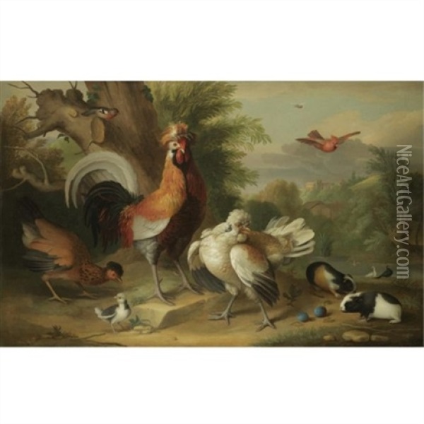 A Cockerel, Chickens And Other Birds With Guinea Pigs In A Landscape Oil Painting - Jakob Bogdani