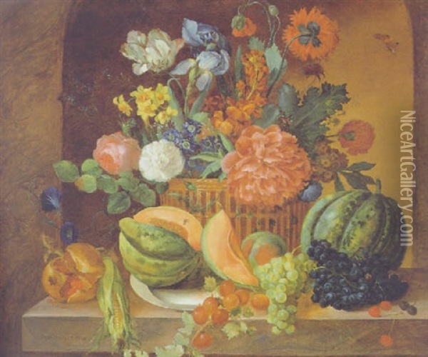 Groses Blumen- Und Fruchtestilleben In Nische Oil Painting - Antal Jozsef Strohmayer