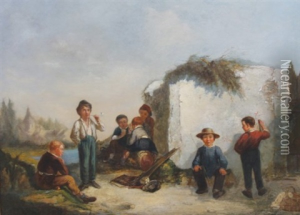 Children Playing Oil Painting - Jean-Charles (Col.) Langlois