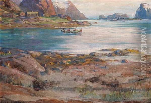 Untitled - Boats In The Fjord Oil Painting - Karl Ouren