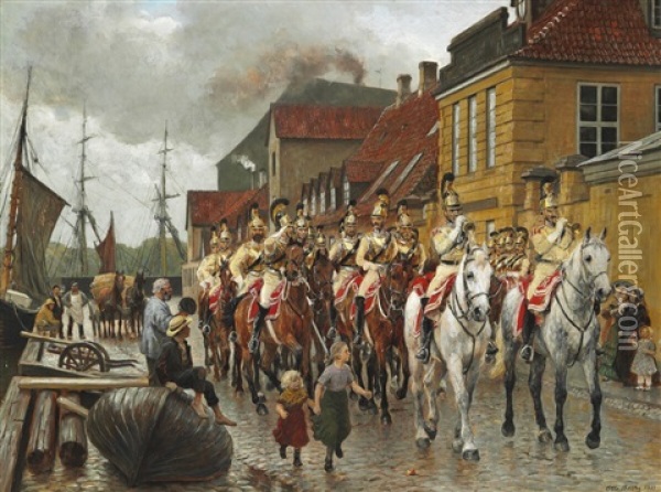 The Royal Horseguard On The Street Of Frederiksholms Kanal In Copenhagen Oil Painting - Otto Bache