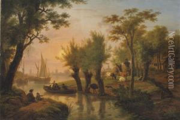 A River Landscape At Dusk With Fishermen In Boats And Cows Grazing Oil Painting - Frans Swagers