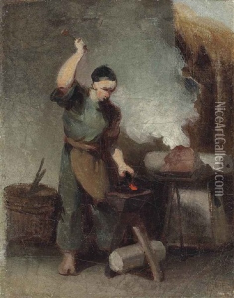 A Chinese Blacksmith At His Forge Oil Painting - George Chinnery