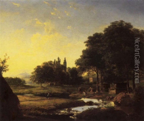 An Arcadian Landscape At Sunset With Figures Dancing Near A Tomb, A Classical Temple Beyond Oil Painting - Jean Victor Bertin
