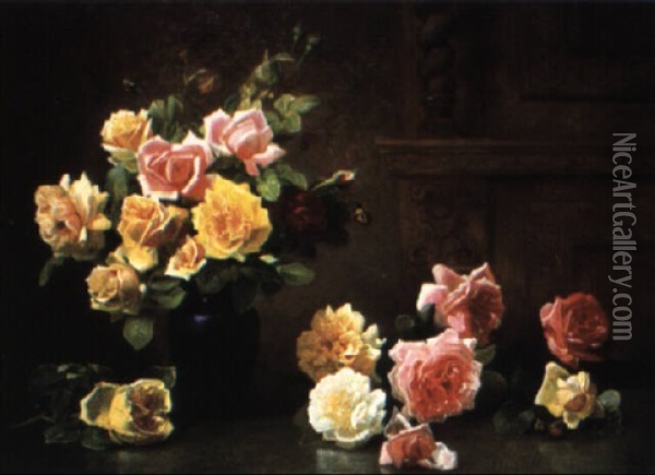 Still Life With Pink And Yellow Roses Oil Painting - Olaf August Hermansen