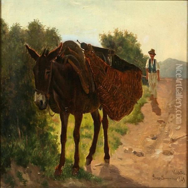 A Farmer And Hesdonkey At Velletri, Italy Oil Painting - Simon Simonson