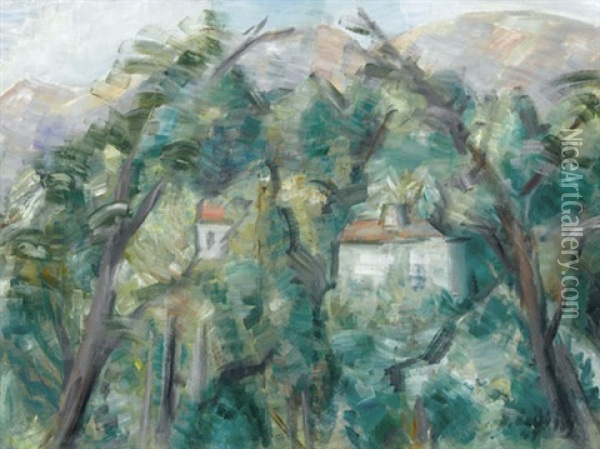 Bergige Waldlandschaft Mit Zwei Hausern Oil Painting - Oscar Wilhelm Luethy