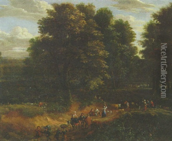 A Wooded Landscape With Drovers On A Sandy Track Oil Painting - Pieter Bout