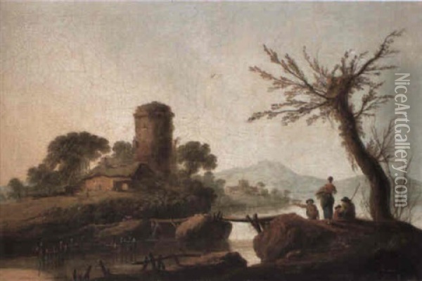 Italianate River Landscape With Figures Oil Painting - Jean Baptiste Pillement