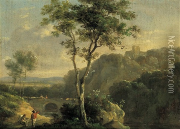 Gebirgige Landschaft Mit Figuren Und Herdenzug (+ Another, Similar; Pair) Oil Painting - Jean-Baptiste Leprince