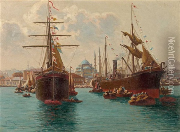 Constantinopel Auf Dem Marmara-meer ... Mosche Valide. Lebhaftes Treiben Um Ankernde Schiffe Oil Painting - Paul Rudolf Linke