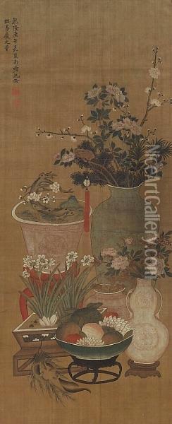 Flowers And Fruits In Precious Containers Oil Painting - Shen Quan