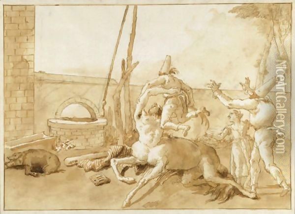 A Centaur Playing With Three Punchinelli Oil Painting - Giovanni Domenico Tiepolo