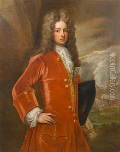 Portrait Of A Gentleman, Standing In A Red Coat With A White Lace Jabot And A Gold Waistcoat, A Tricorn Hat Under His Arm, A Cavalry Skirmish Beyond Oil Painting - Michael Dahl