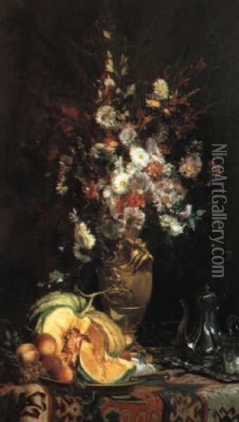 Nature Morte Aux Fleurs Et Potiron Oil Painting - Hippolyte Pierre Delanoy