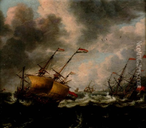 Shipping In Stormy Seas, A Coastal Town Beyond Oil Painting - Jakob Feyt de Vries