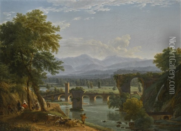 The Augustus Bridge Over The River Nera, Near The City Of Narni, Italy Oil Painting - Jean Joseph Xavier Bidault