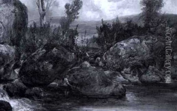 Fisher Near Boulders In The Stream Oil Painting - Alexander Fraser the Younger