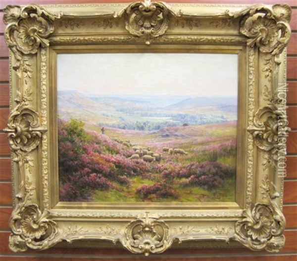 Pastoral Landscape With Wild Flowers, Shepherdess And Flock Of Sheep Oil Painting - Edouard Pail