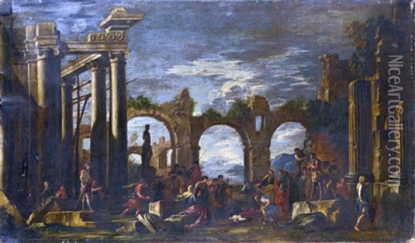 Ruines Antiques Avec Les Apotres Pierre Et Jean Et Ananie Oil Painting - Giovanni Ghisolfi