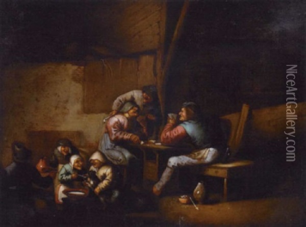 Peasants Playing Cards In An Interior Oil Painting - Adriaen Brouwer