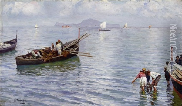 Fischerboote Auf Dem Wasser Vor Capri Oil Painting - Attilio Pratella